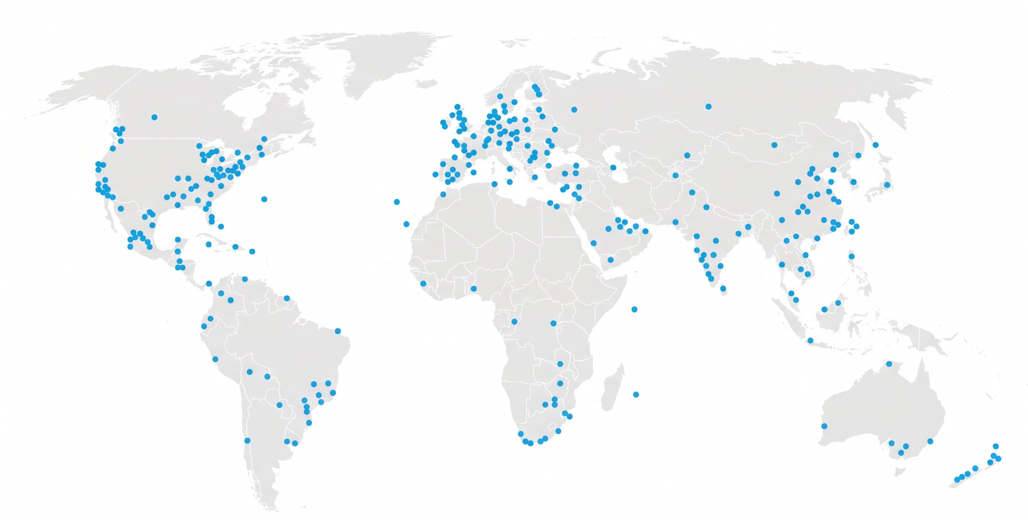 Mapa světa s pobočkami mezinárodní sítě Moore Global